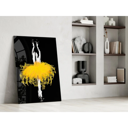 Stylized ballerina in yellow tutu on black canvas, stunning glass wall art
