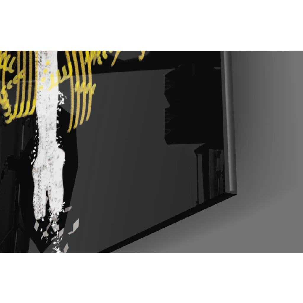Stylized white skeletal glass wall art with yellow glowing lines and shards