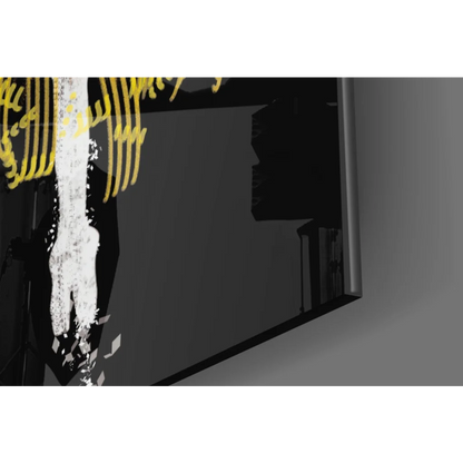 Stylized white skeletal glass wall art with yellow glowing lines and shards
