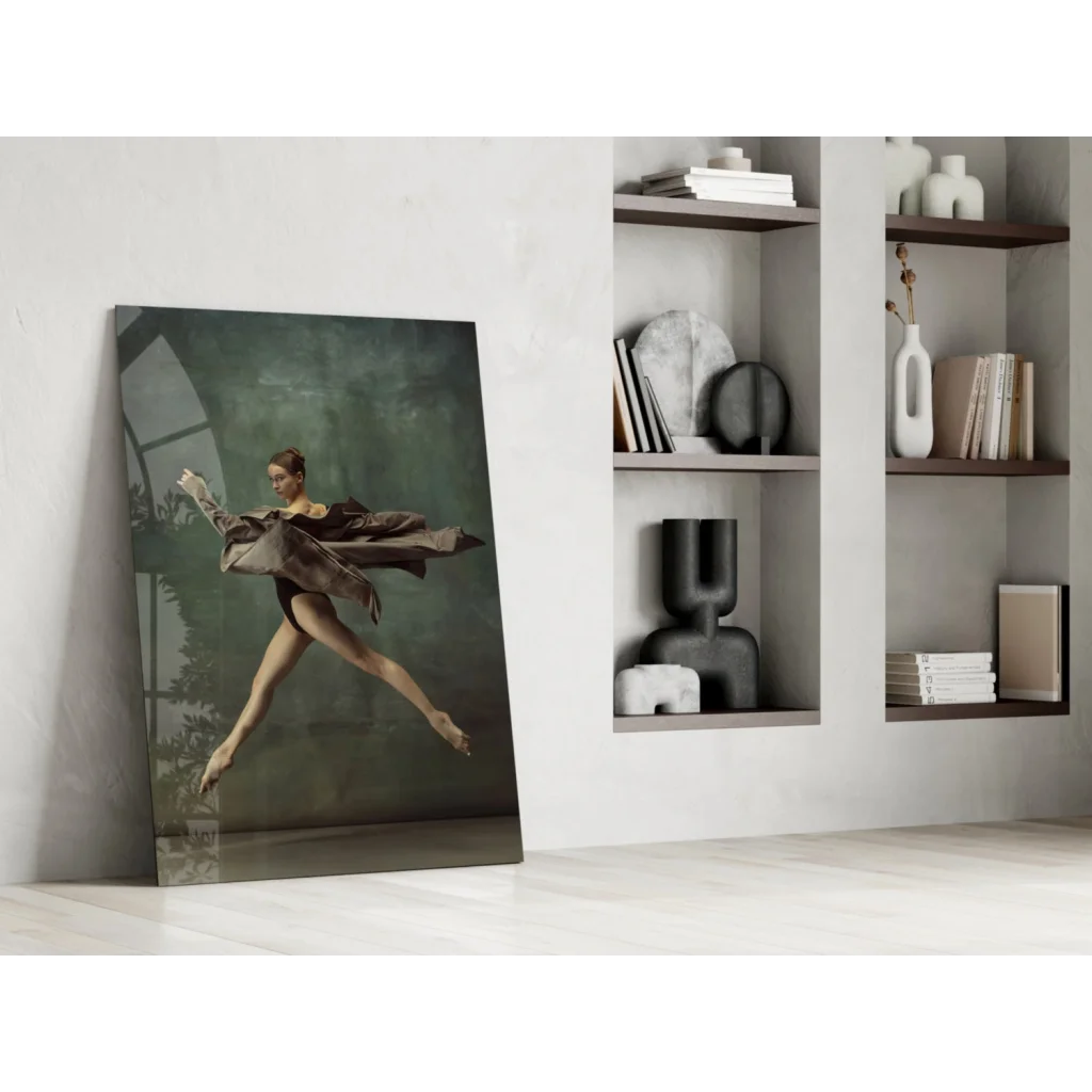 Graceful ballet dancer in mid-leap, moody green canvas wall art