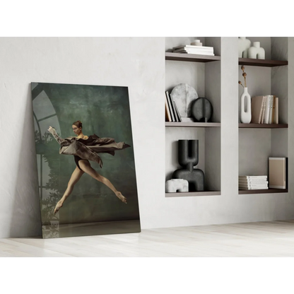 Graceful ballet dancer in mid-leap, moody green canvas wall art