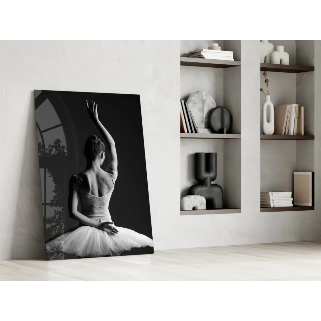 Black-and-white ballerina wall art canvas print, elegant tutu pose against wall