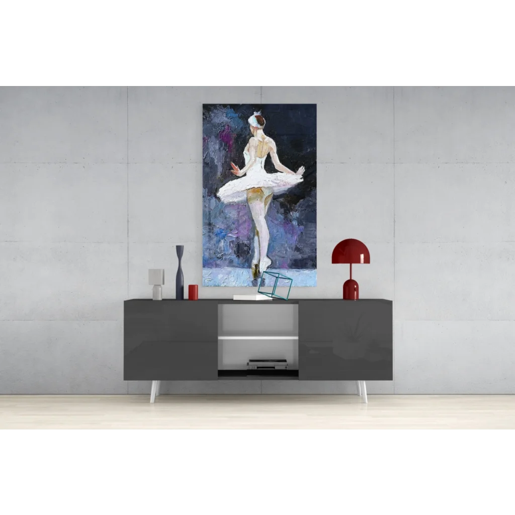 Ballerina in white tutu on purple blue abstract canvas wall art