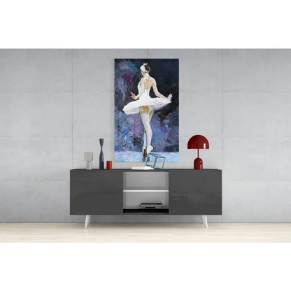 Ballerina in white tutu on purple blue abstract canvas wall art
