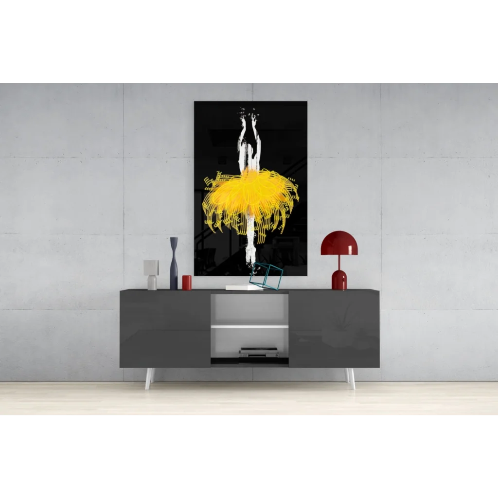 Striking black-and-yellow abstract ballet dancer glass wall art print