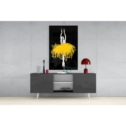 Striking black-and-yellow abstract ballet dancer glass wall art print