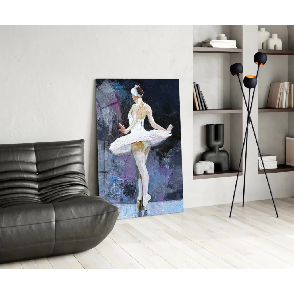 Ballerina in white tutu on purple blue abstract canvas wall art