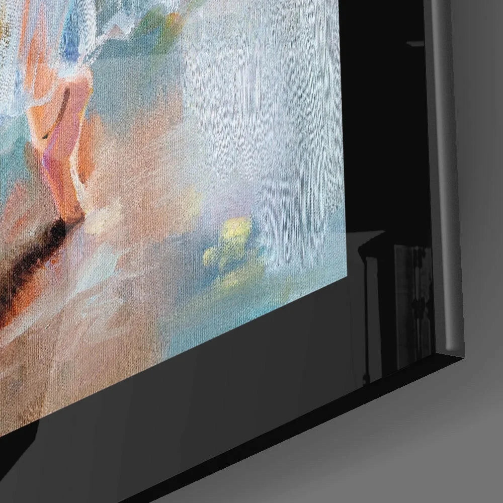 Elegant ballerina in dreamy peach, blue, yellow brushstrokes on tempered glass wall art