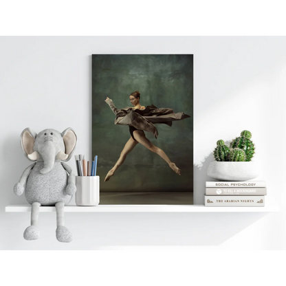 Ballet dancer leaping on insigne aluminum print, brown leotard, green backdrop