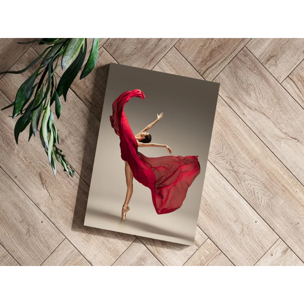 Vivid red leaping ballerina insigne aluminum print on canvas