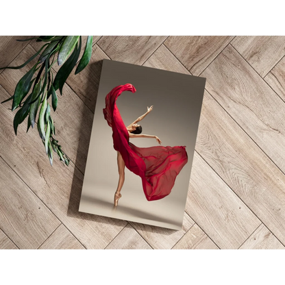 Vivid red leaping ballerina insigne aluminum print on canvas