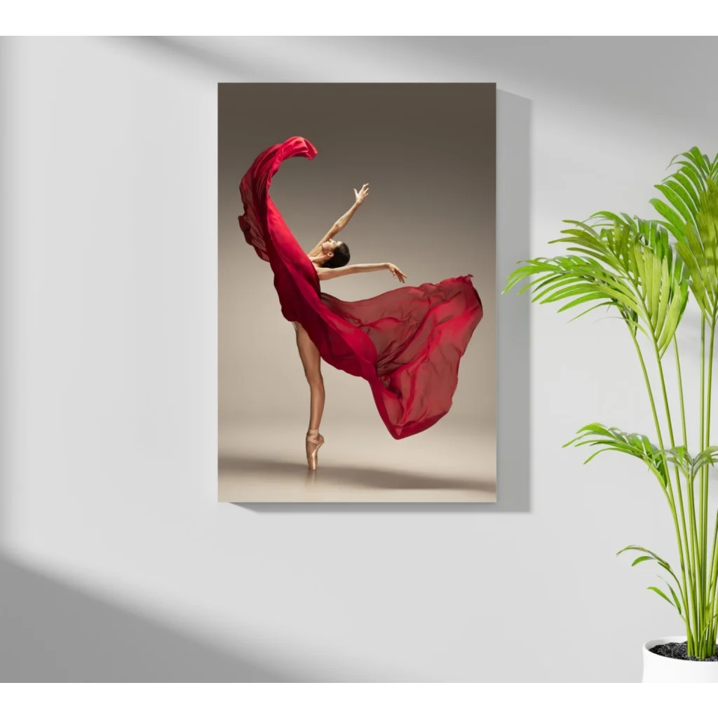 Vibrant red fabric drapes leaping ballerina on Insigne aluminum print