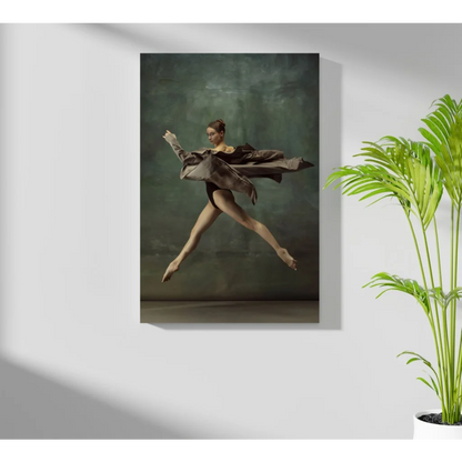 Insigne aluminum prints of leaping ballerina in gray costume on green backdrop