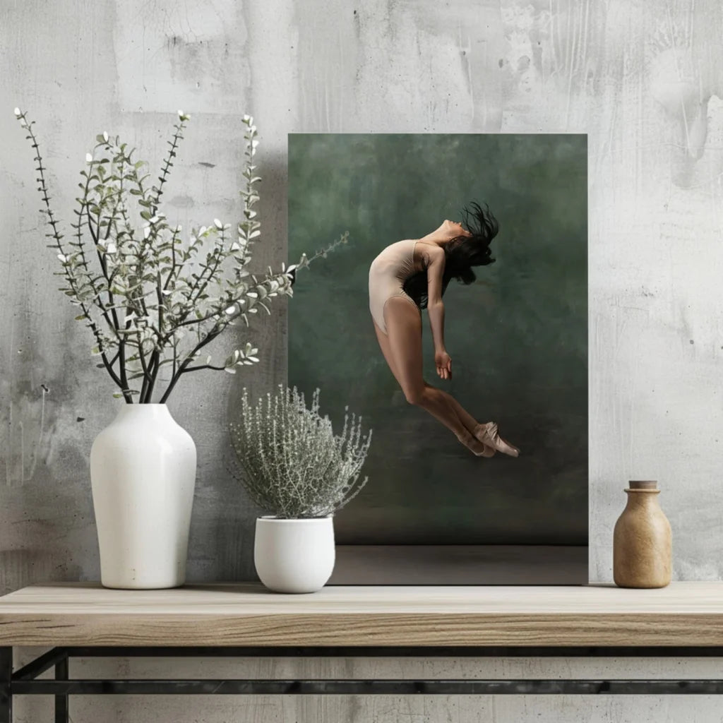 Framed leaping dancer on Insigne aluminum print, mid-leap with motion blur