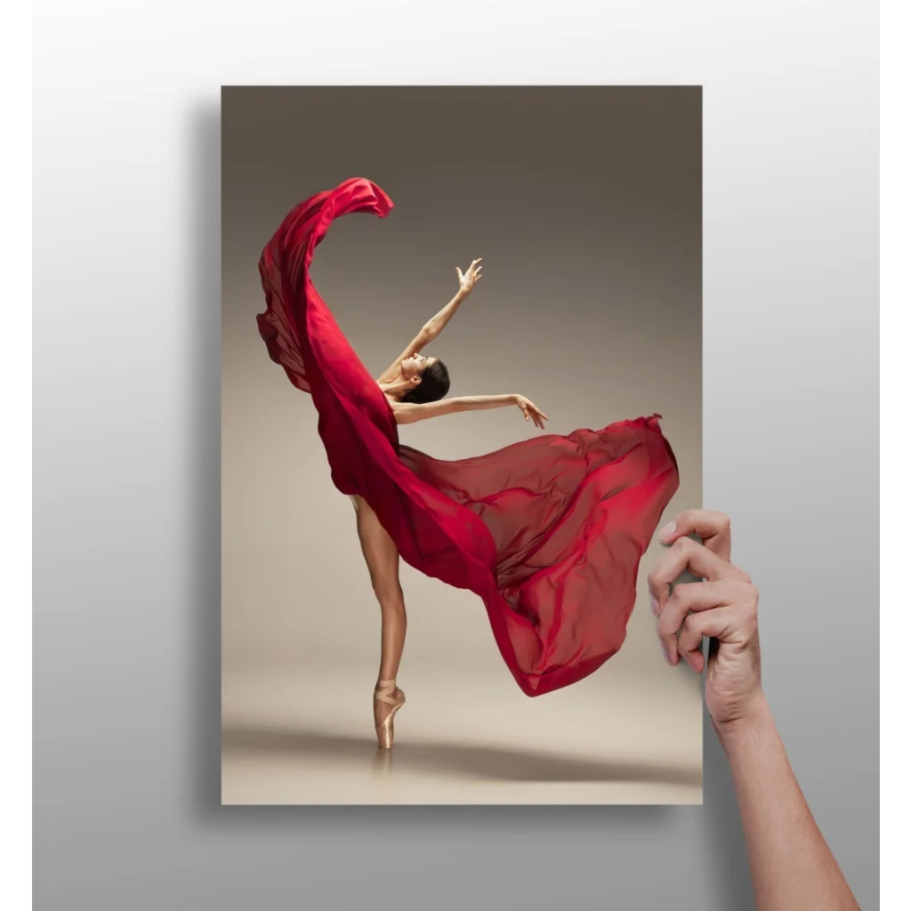 Vivid red leaping ballerina insigne aluminum print on canvas