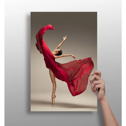 Vivid red leaping ballerina insigne aluminum print on canvas