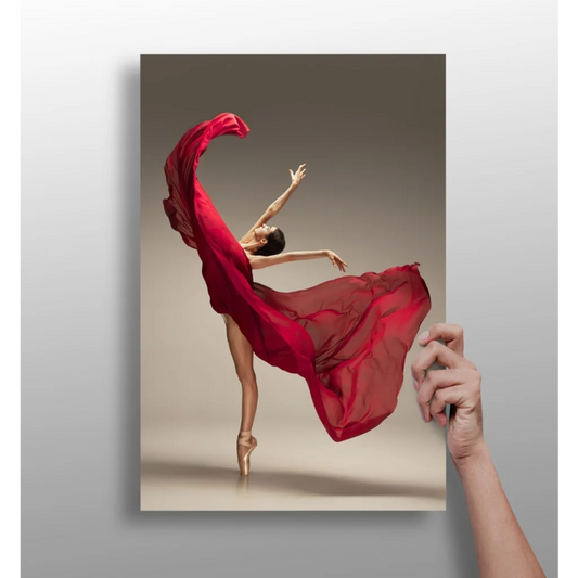Vivid red leaping ballerina insigne aluminum print on canvas