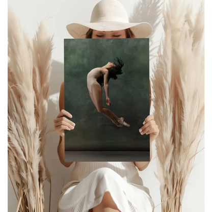 Leaping dancer on insigne aluminum print in white hat display