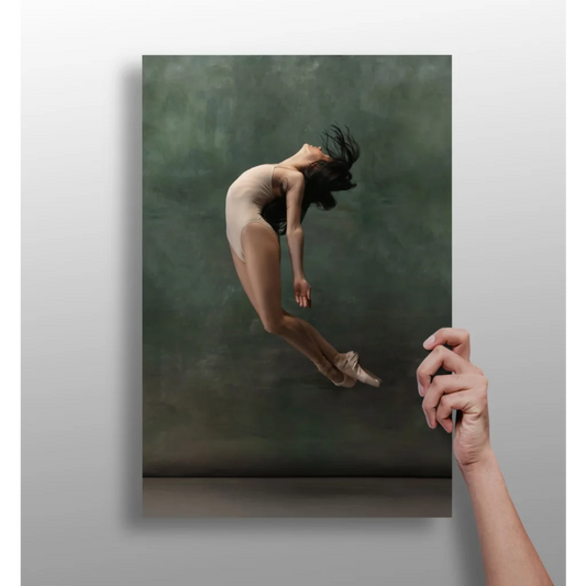 Ballet dancer leaping in beige leotard on insigne aluminum print