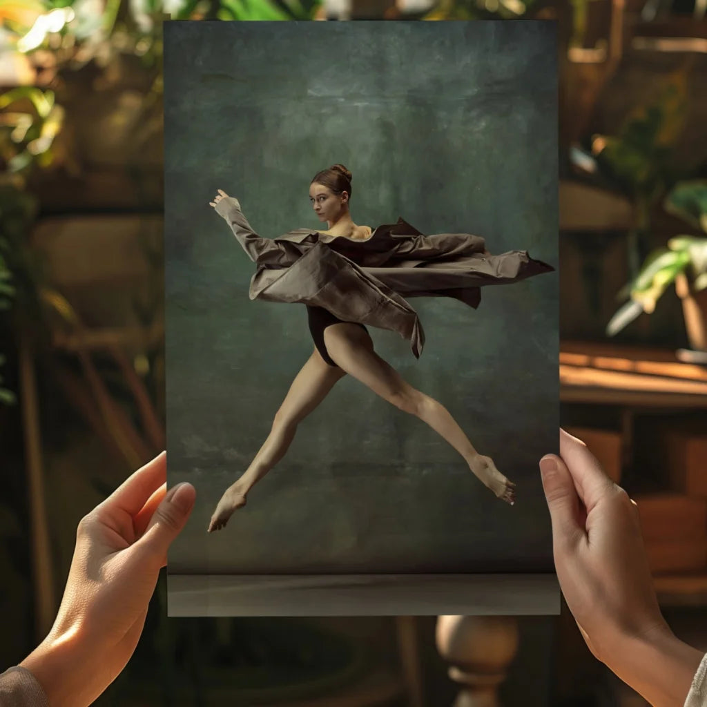 Ballet dancer leaping in Insigne aluminum prints on muted green backdrop