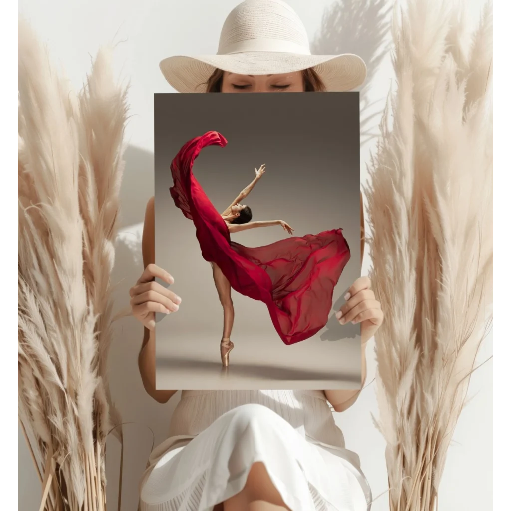 Vibrant red chiffon leaping ballerina insigne aluminum print in hands