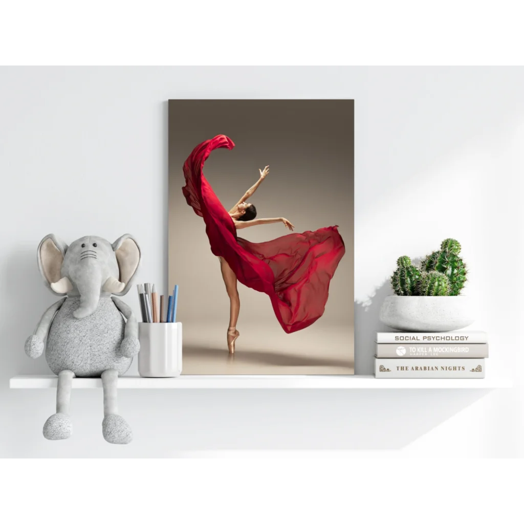 Vibrant red leaping ballerina on insigne aluminum print