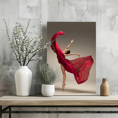Vibrant red leaping ballerina on insigne aluminum print