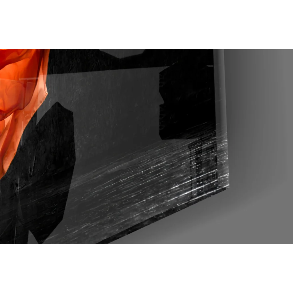 Sleek black glass wall art with flowing orange dancer in motion