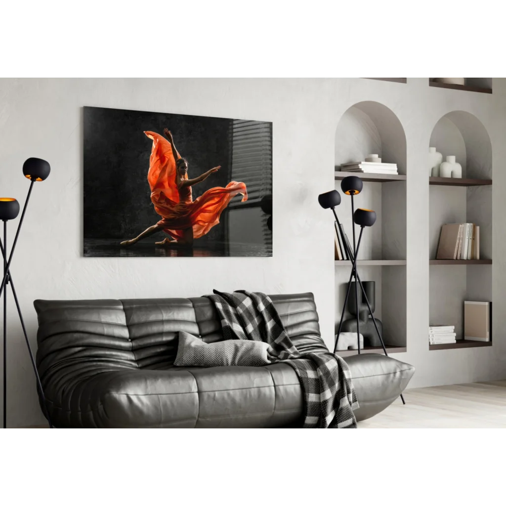 Vibrant orange dancer in motion glass wall art on black canvas