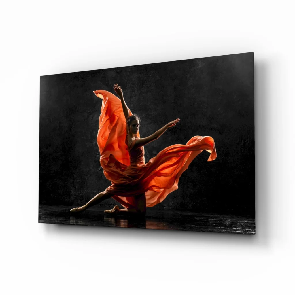 Vibrant flowing orange dancer in motion glass wall art