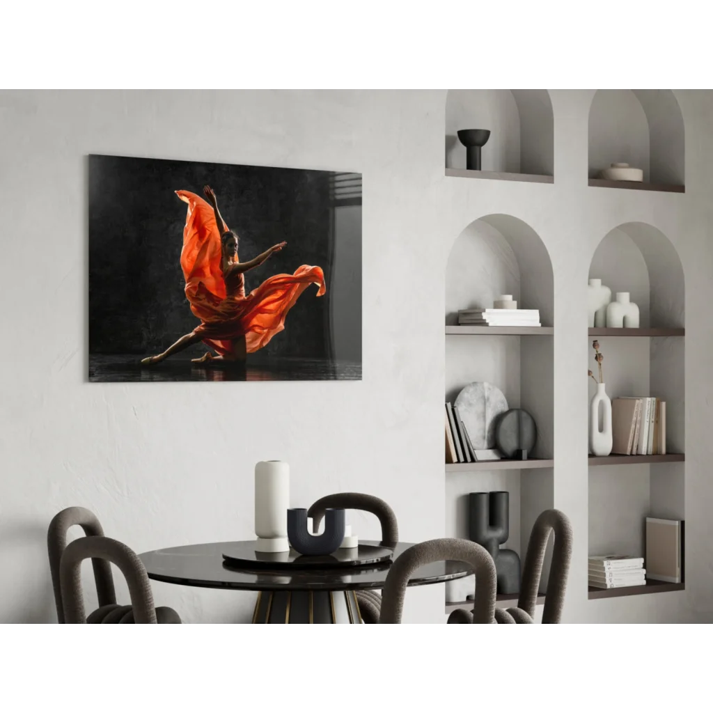 Vibrant flowing orange dancer glass wall art on black canvas