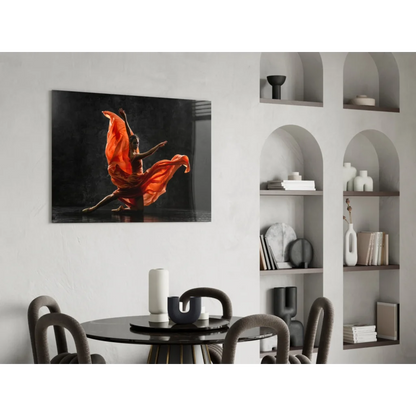 Vibrant flowing orange dancer glass wall art on black canvas