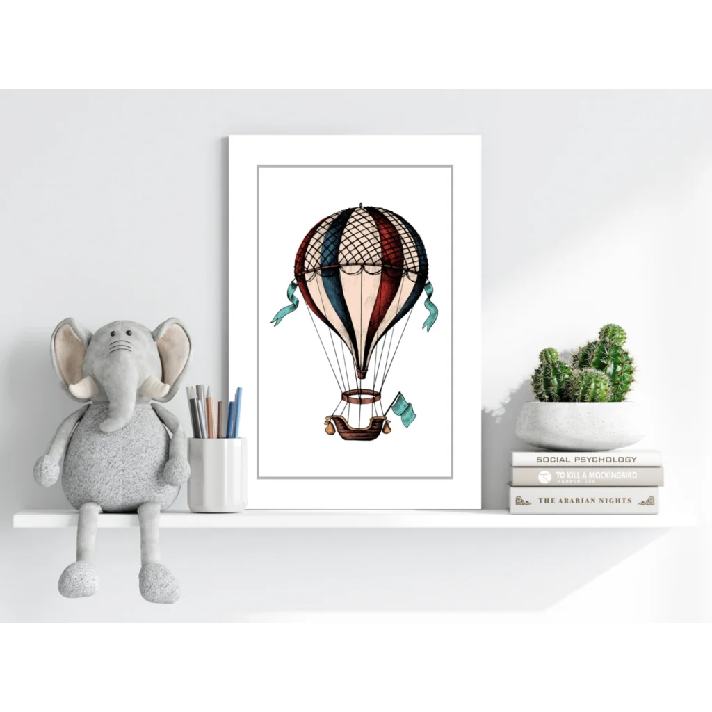 Vintage hot air balloon insigne aluminum print with stripes and ribbons