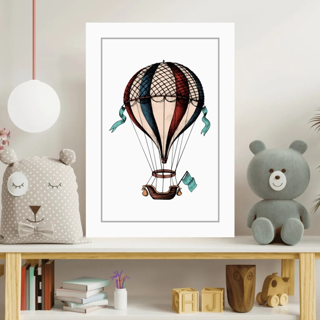 Vintage hot air balloon insigne aluminum print with stripes and ribbons