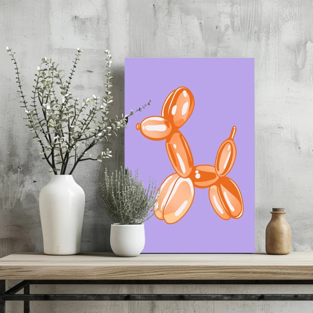 Orange Balloon Dog Insigne Aluminum Print on Lavender Canvas | Glass Wall Art Print | vintageantiquesgifts.com