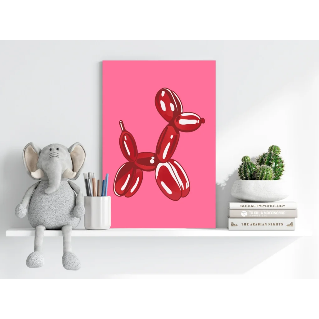 Glossy red balloon dog on vibrant pink insigne aluminum print