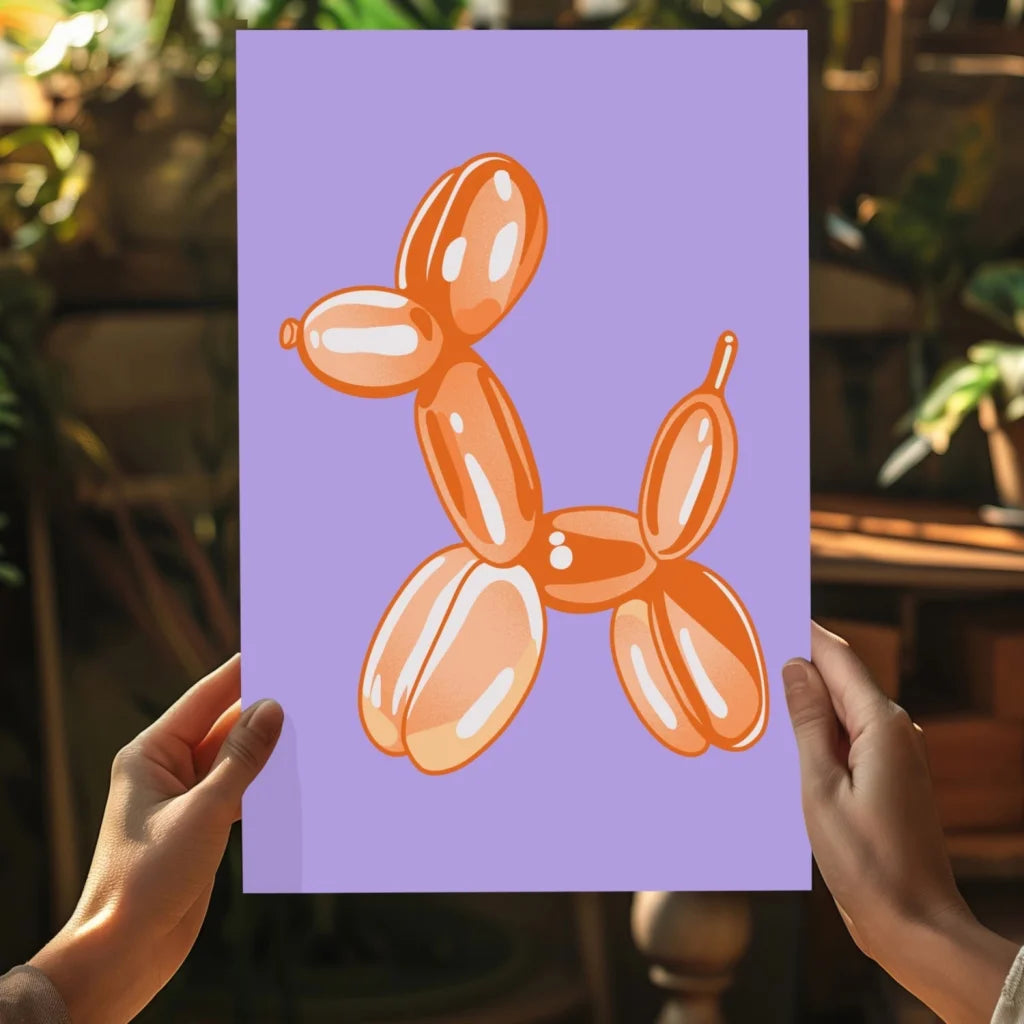 Vibrant orange balloon dog on insigne aluminum print, lavender canvas