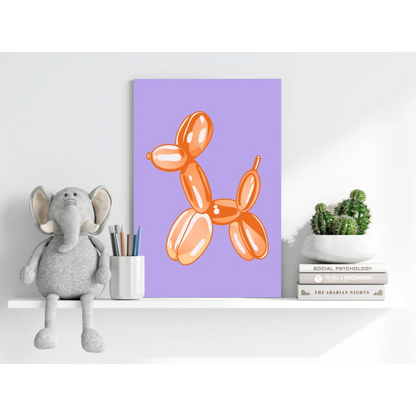 Orange balloon dog insigne aluminum print on lavender canvas