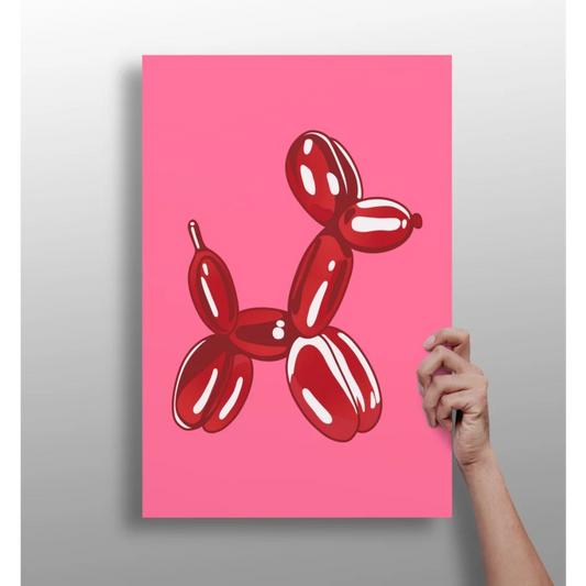 Glossy red balloon dog on vibrant pink canvas, insigne aluminum print