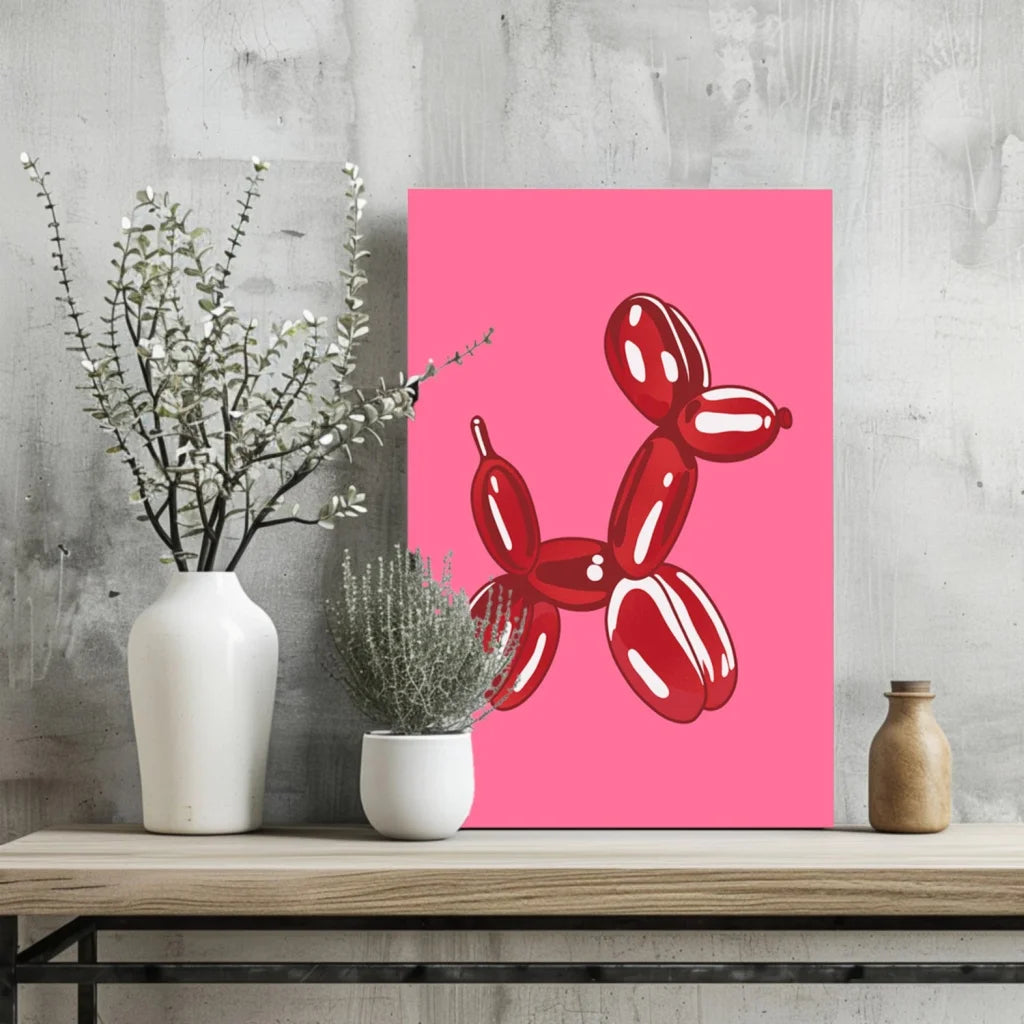 Glossy red balloon dog on vibrant pink insigne aluminum print