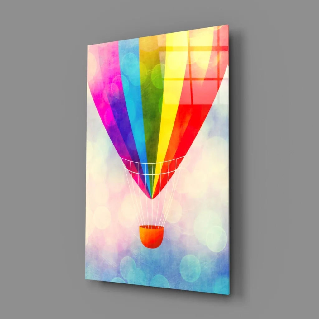 Vibrant rainbow hot air balloon wall art canvas print with bokeh glow