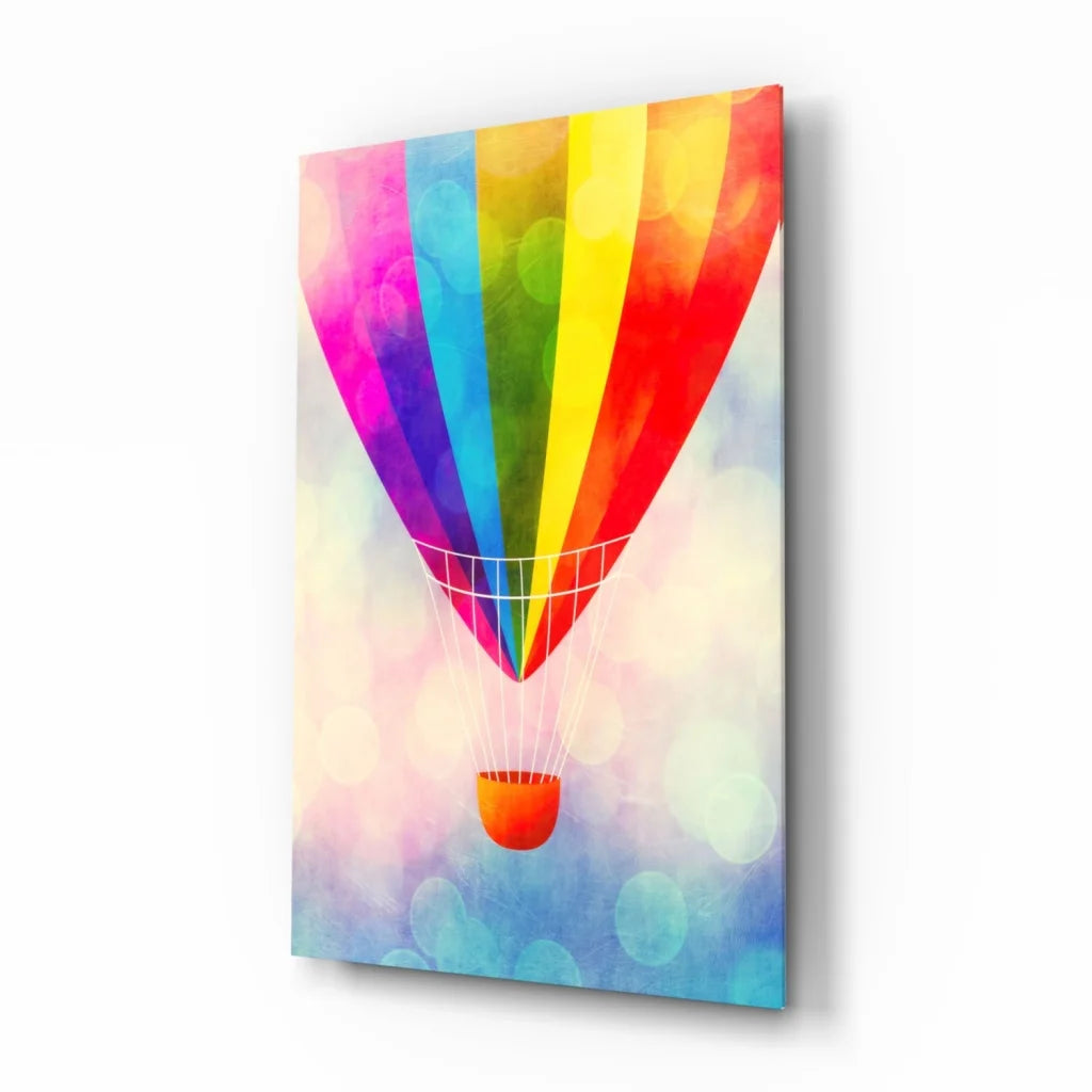 Vibrant rainbow hot air balloon canvas wall art with dreamy watercolor glow