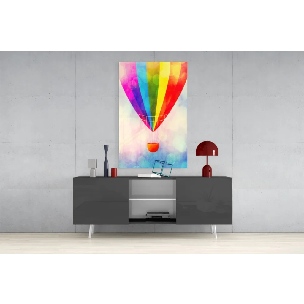 Vibrant rainbow hot air balloon watercolor wall art canvas print