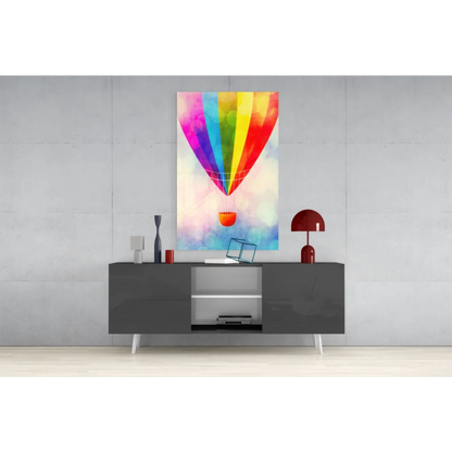 Vibrant rainbow hot air balloon watercolor wall art canvas print