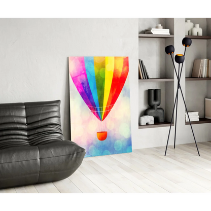 Vibrant rainbow hot air balloon wall art canvas print with watercolor glow