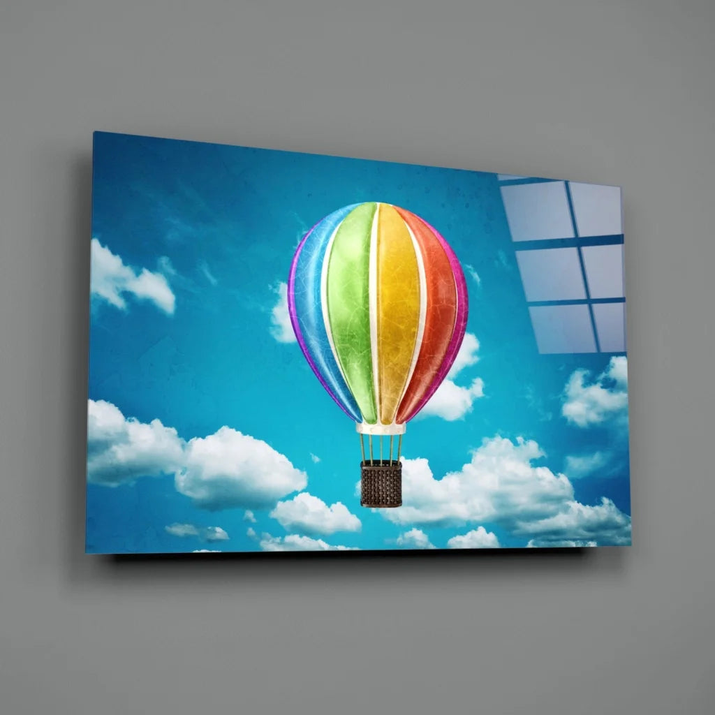 Vibrant rainbow hot air balloon canvas wall art print with woven basket