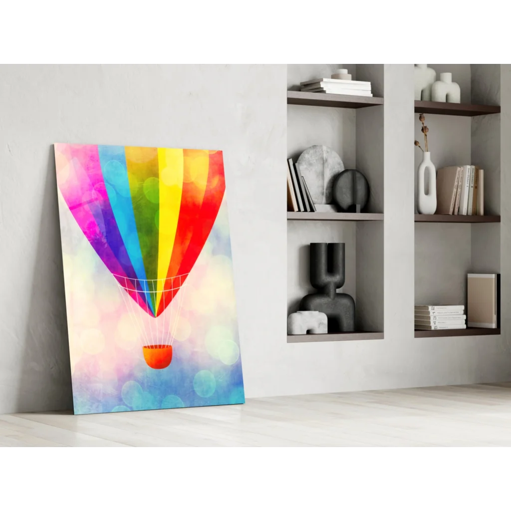 Vibrant rainbow hot air balloon canvas wall art with watercolor glow