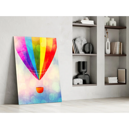 Vibrant rainbow hot air balloon canvas wall art with watercolor glow