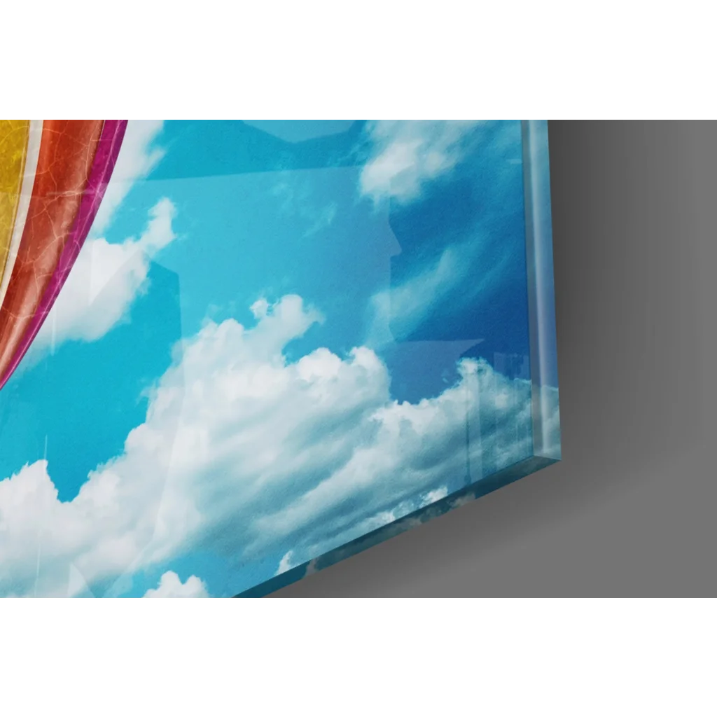 Rainbow hot air balloon glass wall art with blue sky and clouds