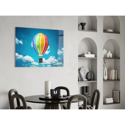 Vibrant rainbow hot air balloon canvas wall art print on blue sky